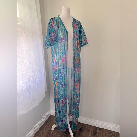 Vintage ‘80s Lady Cameo Dallas Teal Floral Print Sheer Maxi Duster Robe - Picture 5 of 10